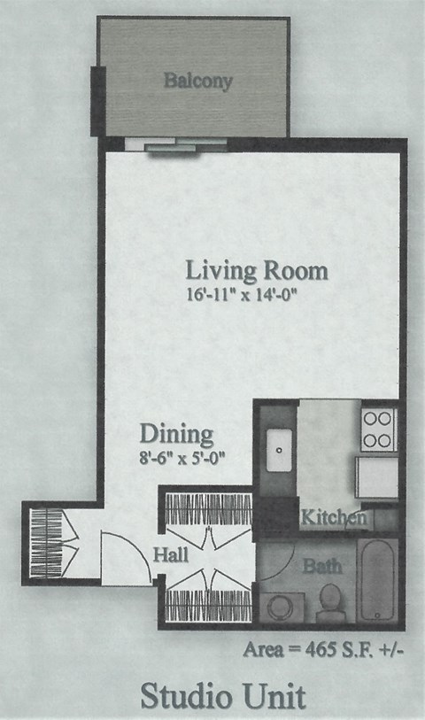 Floor plan for studio, 1 bath, 465 sqft